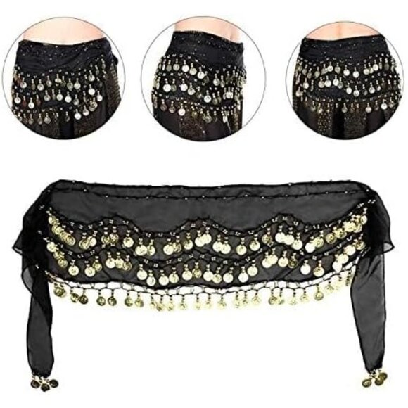 Women's Belly Dance Hip Scarf with 128 Gold Coins Black Skirt for Zumba or Yoga - Picture 5 of 7